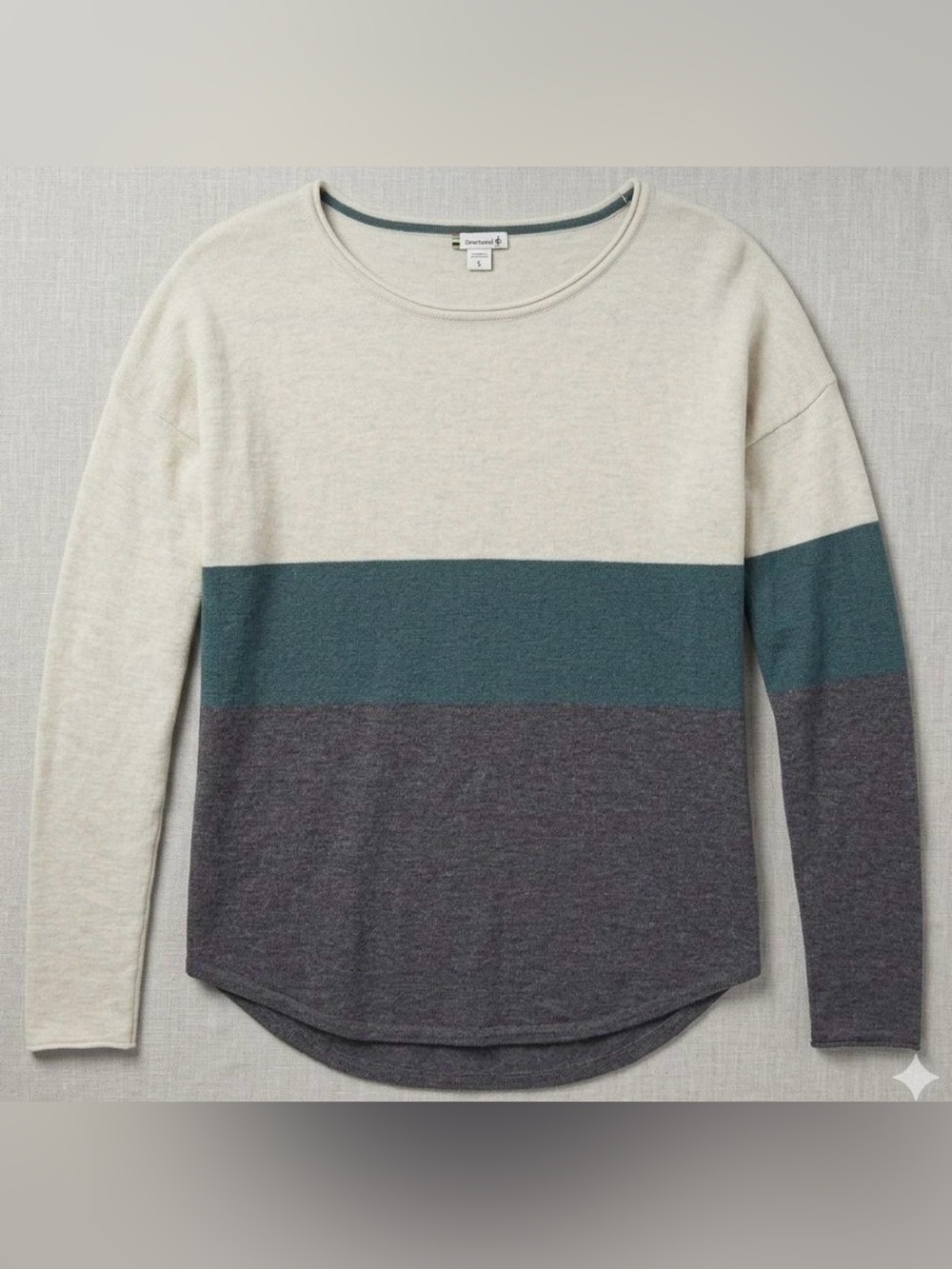 Smartwool Shadow Pine Colorblock Sweater, Teal, Grey, Cream Size Small